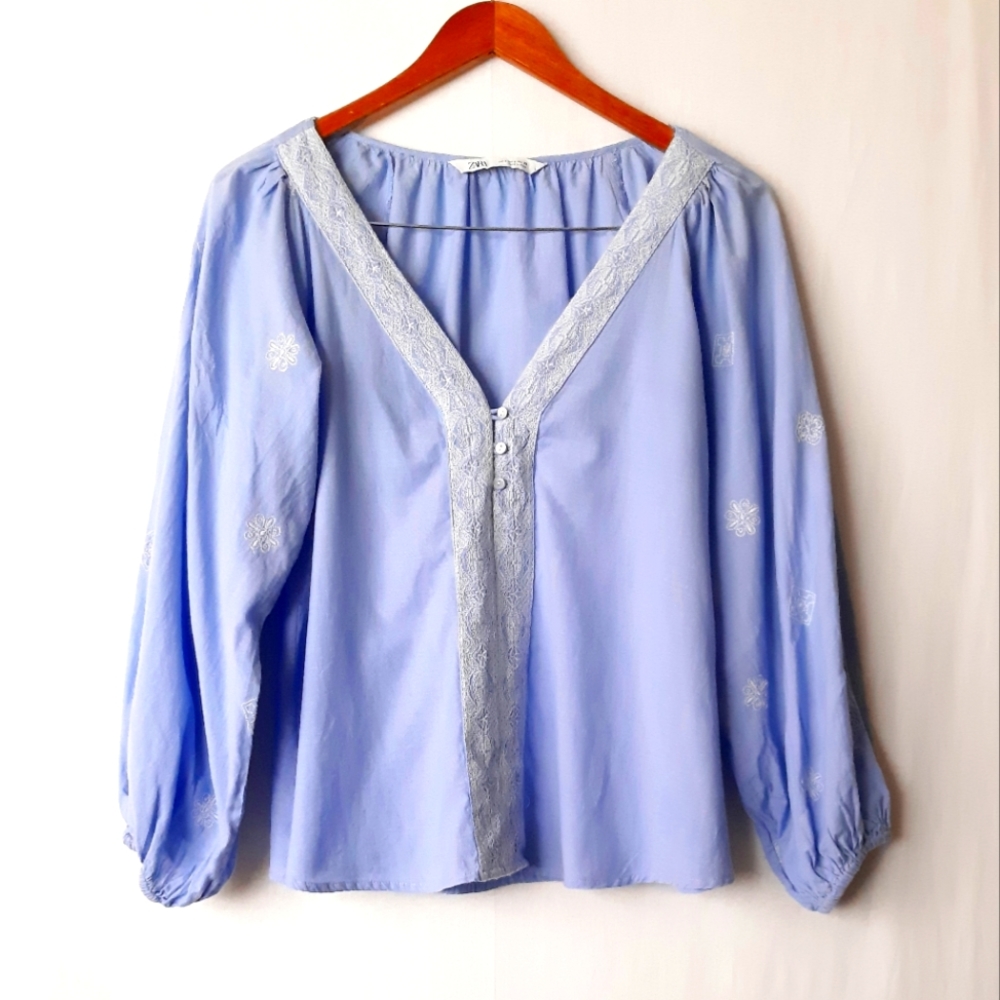 Zara Blue Boho V-Neck Embroidered Balloon Sleeve Top 100% Cotton Sz Small
